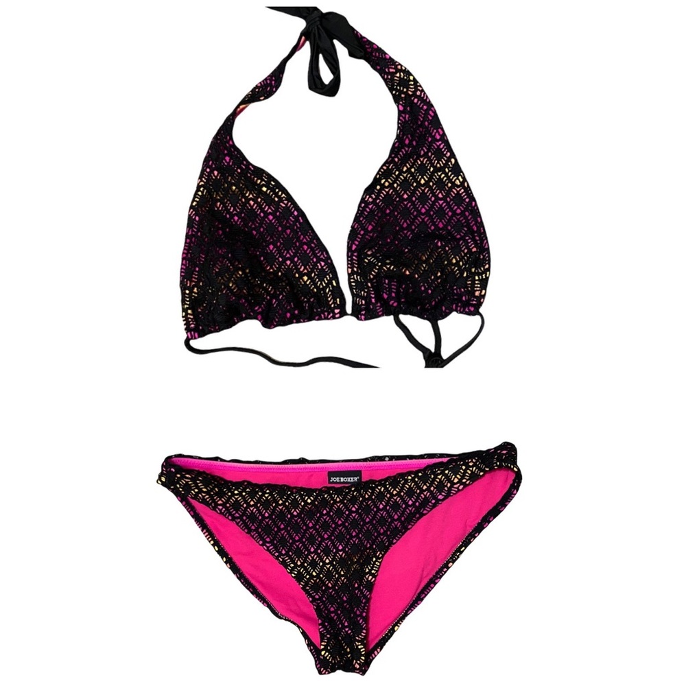 Joe Boxer 2-Piece Bikini Swim Bathing Suit Black Sunset Crochet Overlay Size L